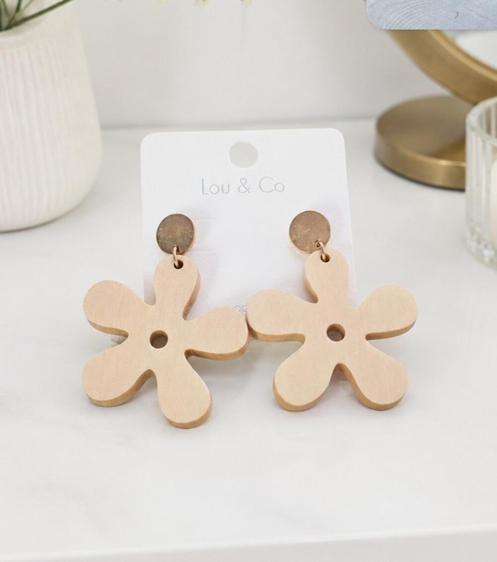 Lou & Co Gold Wood Flower Earringd New